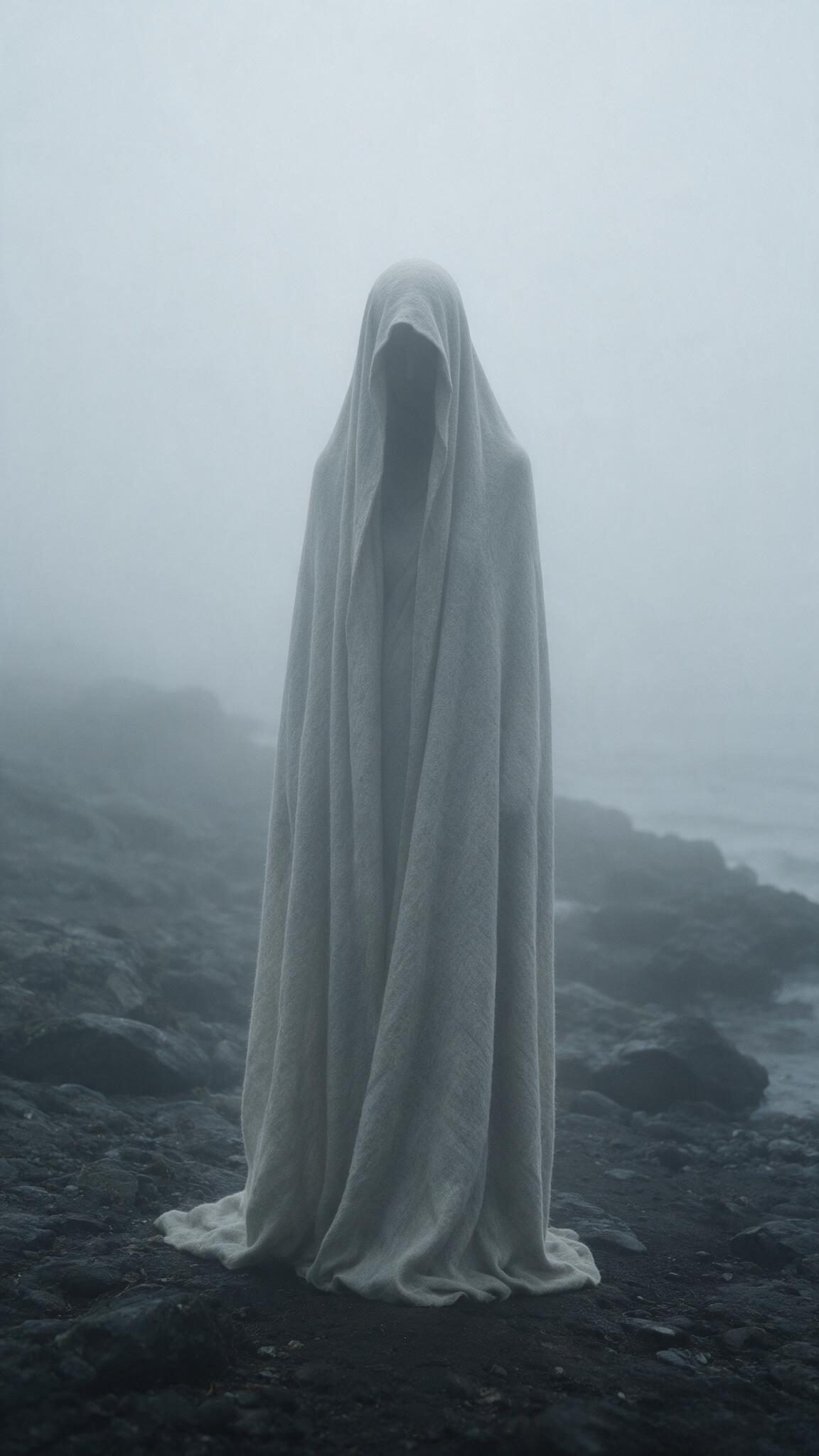 A veiled figure in dense fog